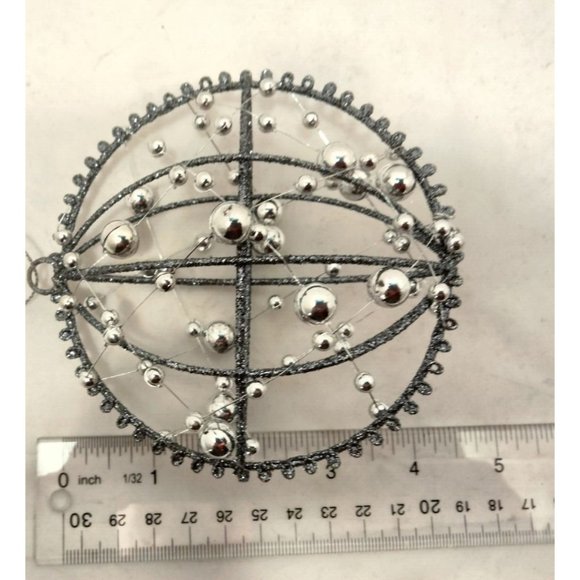 Gray Wire Ornament Silver Beaded Glitter Round 6 inch - Picture 4 of 4